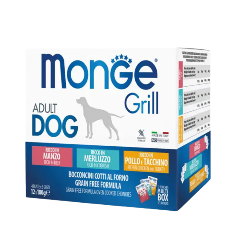 Monge - Grill Multipack per Cani Adulti Salmone Maiale e Agnello con Ortaggi Confezione 12 Pezzi (Copia)