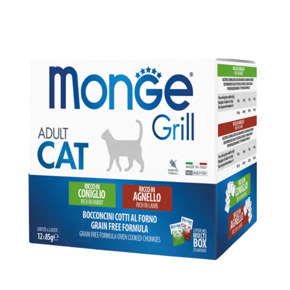 Monge - Grill Multipack per Gatti Adulti Coniglio e Angello Confezione 12 Pezzi