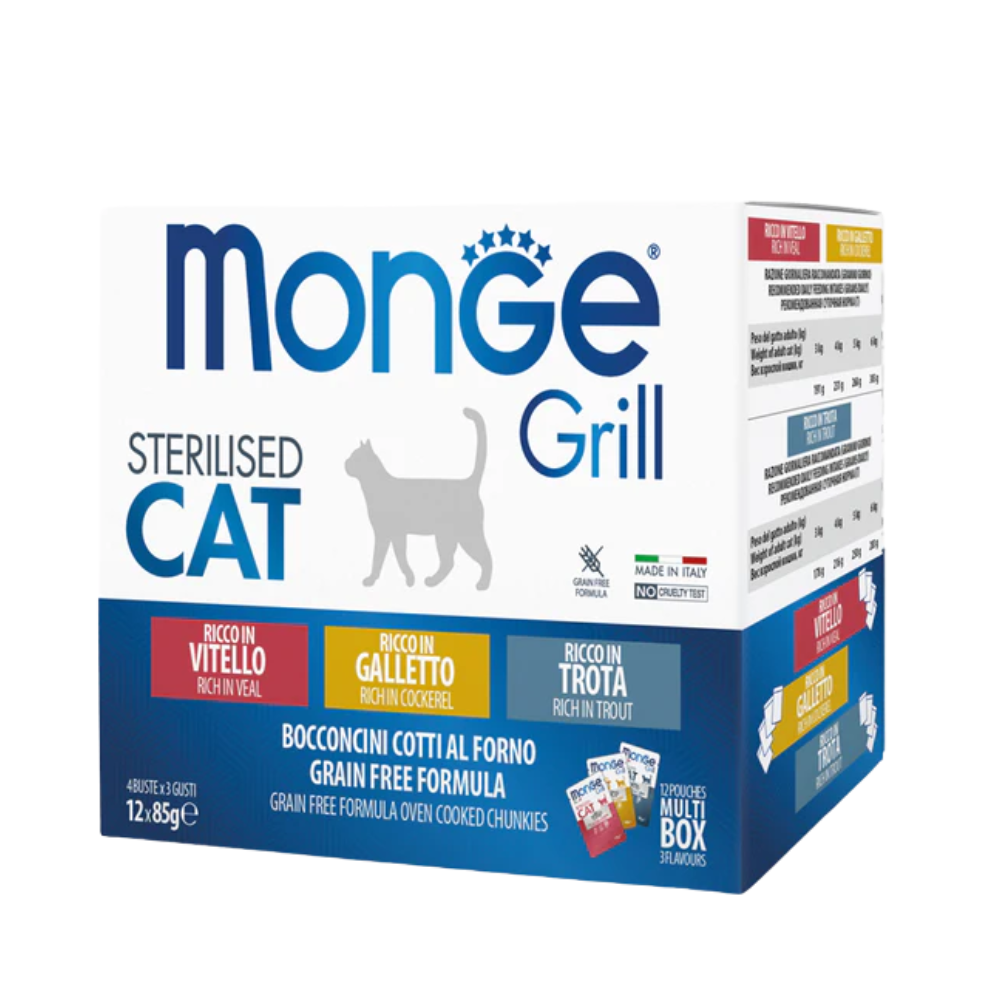 Monge - Grill Multipack per Gatti Sterilizzati Vitello Galletto e Trota Confezione 12 Pezzi