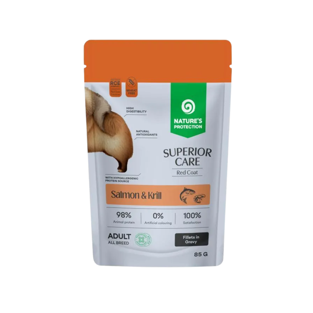 Nature's Protection - Superior Care Umido Grain Free Salmone e Krill per Cani Adulti con Mantello Rosso Confezione 85 Gr