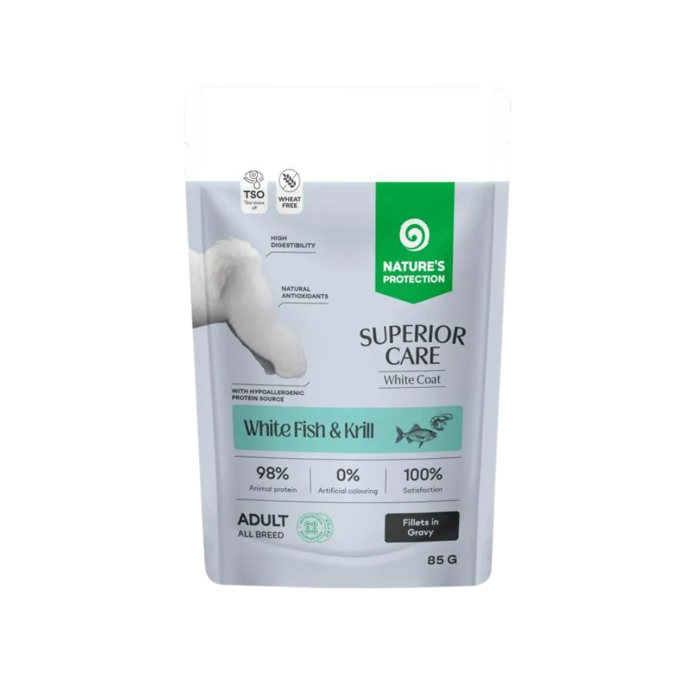 Nature's Protection - Superior Care Umido Grain Free Pesce Bianco e Krill per Cani Adulti con Mantello Bianco Confezione 85 Gr