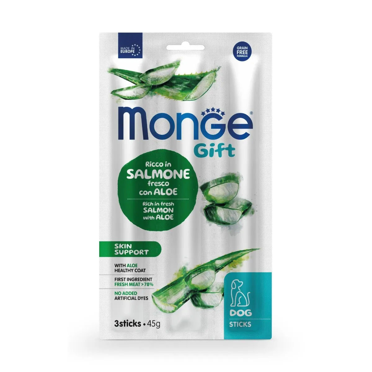 Monge - Gift Snack Cane Aloe e Salmone Pelle e Pelo Confezione 3 Snack